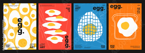 Colorful posters set of egg. Minimalist abstract illustrations with fried eggs, cooked and cut eggs, bread, texture. Modern design background for kitchen wall art, restaurant menu decoration, cover