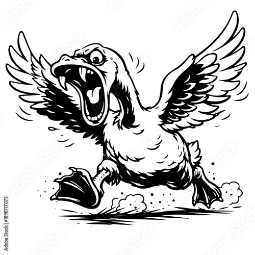 Crazy Cartoon Goose with Open Beak Black and White Illustration