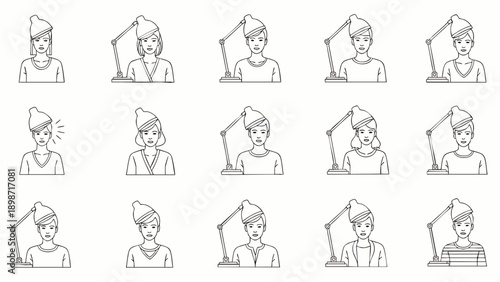 Collection of line art icons depicting a person's face and emotions under a desk lamp