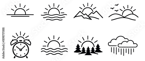 Line art nature and weather icon set featuring sun over various sceneries, an alarm clock, and a rainy cloud for web and app design
