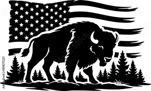 American bison silhouette walking before US flag and forest in bold black and white graphic style. Patriotic wildlife illustration for decor and engraving
