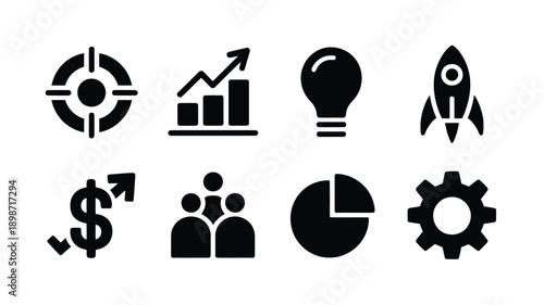 Black silhouette icons depicting business innovation finance and teamwork concepts