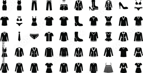 Fashion clothing silhouettes collection, women apparel icons, dresses tops jackets skirts shoes underwear, modern wardrobe, retail design, black vector illustration set