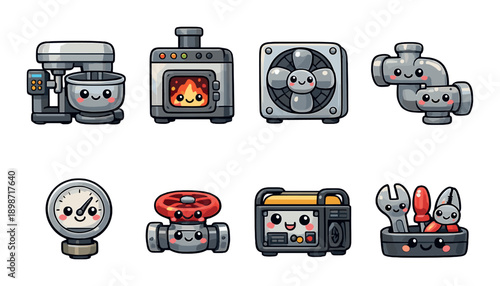 Cute kawaii appliance characters with adorable smiles and cheerful expressions