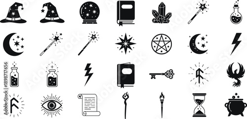 Mystical magic symbols silhouette set, witchcraft icons, astrology elements, potion bottles, celestial signs, occult tools, fantasy illustration collection