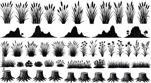Grass and plants silhouettes collection, bushes weeds reeds trees stumps landscape elements, nature foliage, garden design, black vector illustration set