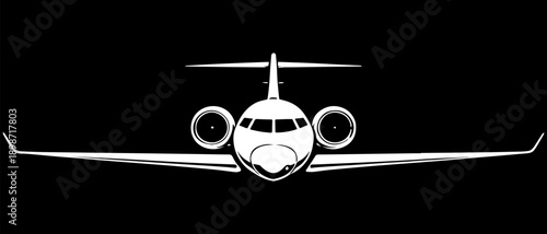 Jet Airplane Front View Logo Black and White Illustration.Stylized letter S in liquid metal street art style, black and white high contrast. Edgy logo illustration for engraving, branding and dark sur