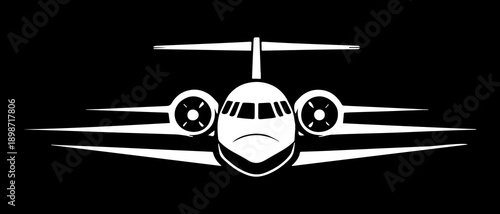 Jet Airplane Front View Logo Black and White Illustration.Stylized letter S in liquid metal street art style, black and white high contrast. Edgy logo illustration for engraving, branding and dark sur