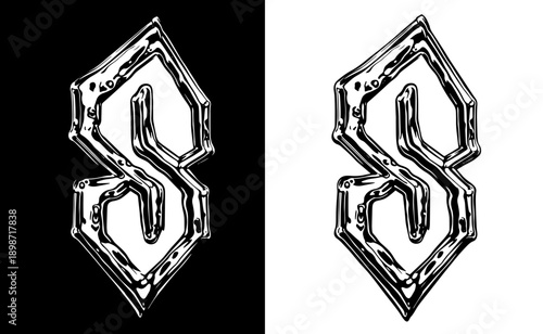 Stylized letter S in liquid metal street art style, black and white high contrast. Edgy logo illustration for engraving, branding and dark surfaces.