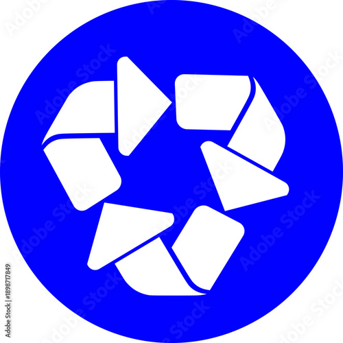 Minimalist Blue Recycling Symbol Icon Featuring Three Interlocking White Folding Arrows Arranged in a Solid Blue Circle for Sustainability and Eco-Friendly Concepts