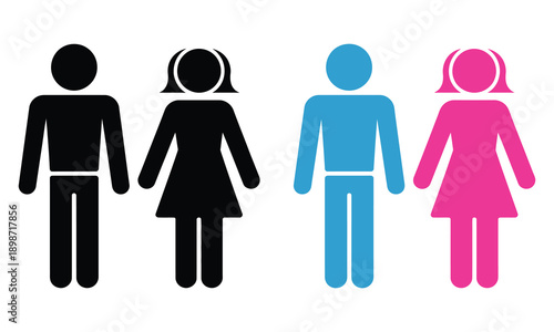Male and female gender symbols icon set with simple vector illustrations in black and color, representing gender identity, equality, social diversity, sex, and inclusive design applications.