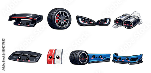 Cute car parts with cartoon faces and expressions on gray background