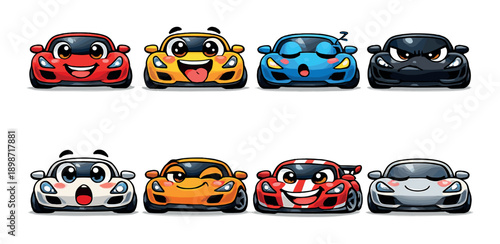 Colorful cartoon cars with expressive faces on gray background