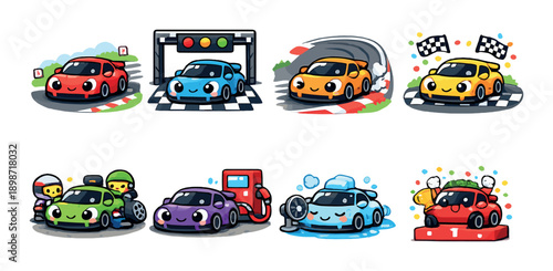 Cartoon cars in racing scenarios with happy expressions and vibrant colors