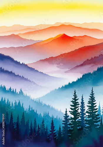 Vibrant watercolor painting of rolling mountains at sunrise, showcasing a majestic landscape with layers of mist and colorful peaks