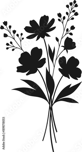 A black and white illustration of a bouquet of flowers with leaves and stems on a plain white background