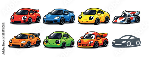 Cute cartoon racing cars collection with colorful designs