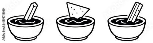 Minimalist line art dip illustrations set featuring bowls of dip with vegetable sticks and a tortilla chip for food menus and snack concepts