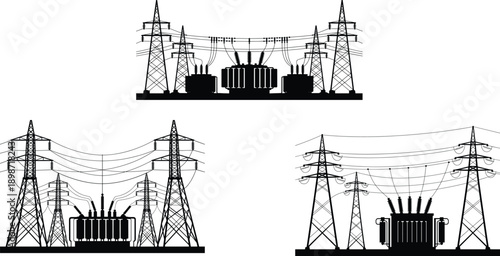 Electric power transmission towers and electrical substation silhouettes representing high voltage energy distribution infrastructure industrial engineering grid system