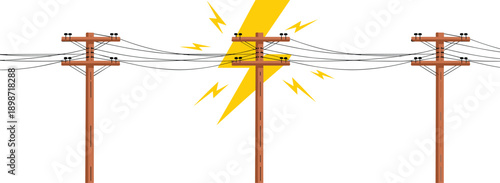Electric utility power poles with lightning bolt illustrating electricity fault overload energy transmission danger outage concept illustration