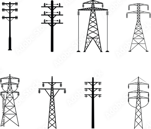 Set of electric power transmission poles and high voltage towers silhouettes representing electricity distribution infrastructure engineering grid system