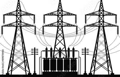 High voltage power transmission towers and electrical substation silhouette illustrating energy infrastructure electricity distribution grid industrial engineering technology network utility