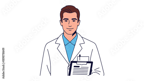 Professional in Lab Coat: A dedicated and confident professional, clad in a crisp lab coat, stands holding a clipboard, ready to make a progress. Reflecting expertise and commitment.