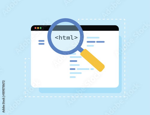 HTML Code Analysis and Website Development with Magnifying Glass Flat Vector Illustration