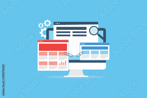 SEO Link Building and Website Optimization Concept with Backlinks Flat Vector Illustration