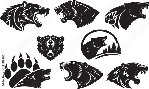 Black and white animal silhouette vector set featuring wolf cats and other wildlife in artistic tattoo style