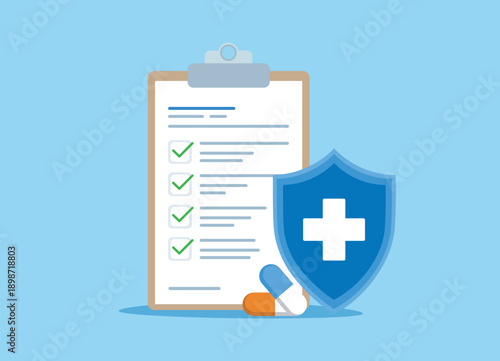 Medical Checklist and Health Insurance Protection Concept with Shield and Pills Flat Vector Illustration