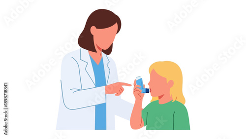 Medical Professional Guides Child with Inhaler: A compassionate doctor assists a young patient, demonstrating the proper use of an inhaler, promoting respiratory wellness and understanding