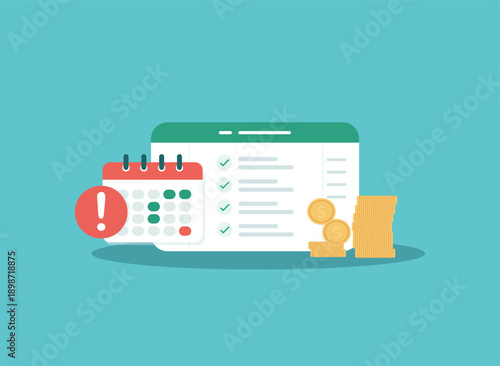 Billing Reminder and Payment Schedule Illustration with Calendar and Coins