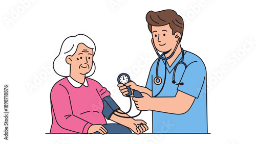 Medical Assessment: A doctor in blue scrubs attentively measures the blood pressure of an elderly patient. This illustration captures the essence of healthcare and the patient-provider relationship.