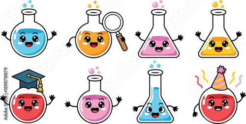 Chemistry Lab Flask Emoji Style Illustration Pack with Cute Expressions
