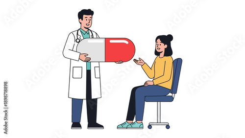 Healthcare Consultation: A medical professional offers a colossal pill to a seated patient, symbolizing the interaction in medical consultation.