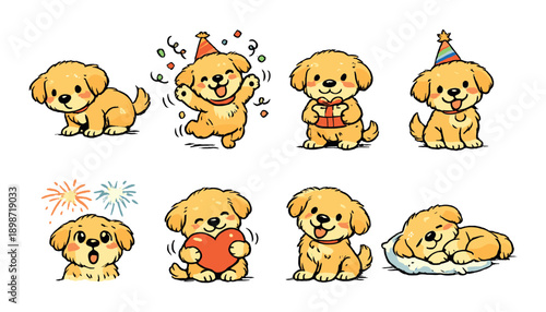 Adorable cartoon puppies celebrating with party hats and accessories