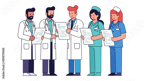 Medical Team Collaboration: A dedicated team of medical professionals collaborates, reviewing reports. This scene captures their commitment to healthcare