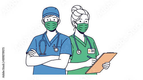 Health Professionals in Partnership: A medical team, consisting of a doctor and a nurse, stands together, portraying an image of collaboration and care, ready to provide their services.