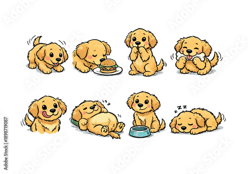 Adorable golden puppy illustrations in various cute activities