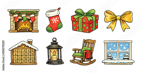 Festive christmas icons featuring fireplace, stocking, gift, bow, advent calendar, lantern, rocking chair, snowy window