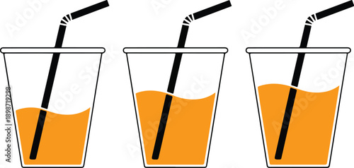 Orange Juice Drink Flat Vector Illustration with Plastic Cups and Straws