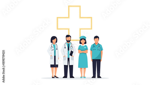 Healthcare Heroes: A composed group of medical professionals, including doctors and nurses, stands confidently, embodying care and expertise within the healthcare field.