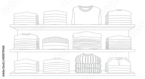 Cleanly organized folded clothing items including stacks of shirts sweaters and neatly creased pants displayed on multiple open shelving units in a minimalist line art style drawing.