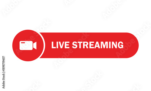 A red live streaming button icon featuring a white video camera symbol on a white background