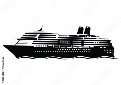 A black silhouette illustration of a large passenger cruise ship sailing on the water