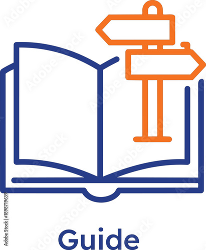 Professional business guide icon featuring a blue open book with orange directional signposts, representing instruction manual, educational roadmap, and strategic navigation.