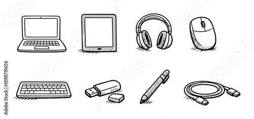 Hand-drawn electronics and accessories: laptop, tablet, headphones, mouse, keyboard