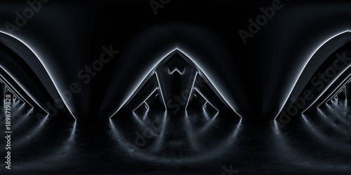 Neon-arched futuristic tunnel panorama 3d render