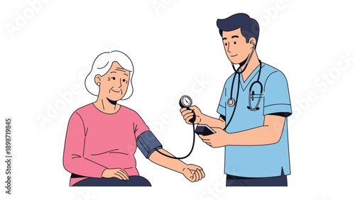 Medical checkup Illustration: a medical professional checks the blood pressure of a patient, ensuring thorough and compassionate medical care.
